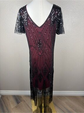 NWT Burgundy Beaded Midi Dress with Black Fringe Detailing 1920’s Flappers, L
